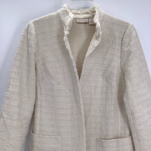 Chicos Tweed Fringe Textured Jacket Classic Business Casual Creme’ Size 0 - Picture 4 of 10